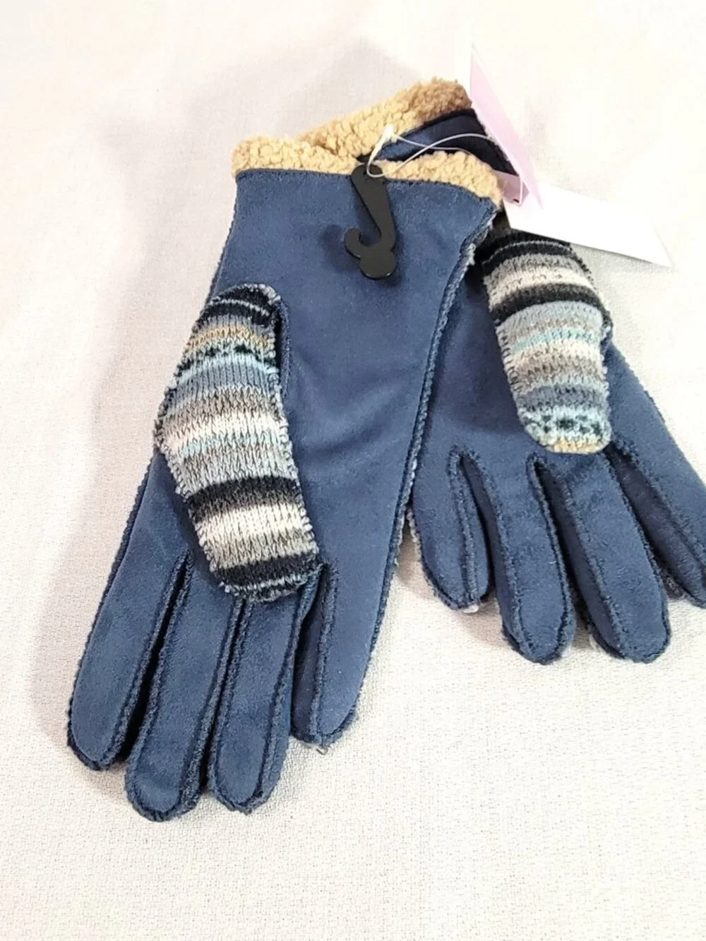 NWT Grandoe Cozy Lamb Striped Knit Sherpa Lined Mittens Size M Blue Gray